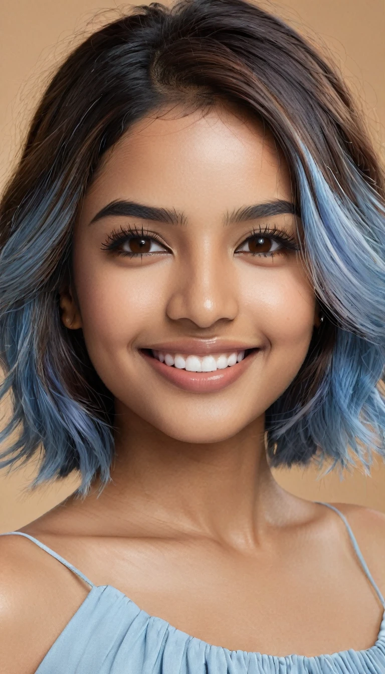 22 year old South Asian Latina woman with honey brown almond-shaped eyes, long dark lashes framing those eyes, and a warm inviting smile revealing perfect white teeth. Her honey colored eyes are the point of attraction on her face. Her wheatish skin has a dark brown undertone. Healthy neck-length straight light blue hair with voilet highlights cascading down the ends. High cheekbones and a defined jawline frame her face, accentuated by natural day lighting illuminating her face and shoulders. Her slim figure is curvaceous with a slight hourglass shape, emphasizing her natural beauty.