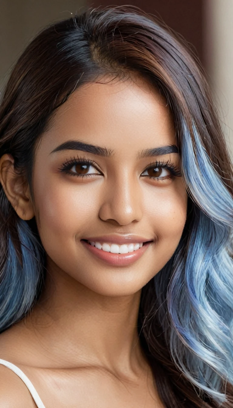 22 year old South Asian Latina woman with honey brown almond-shaped eyes, long dark lashes framing those eyes, and a warm inviting smile revealing perfect white teeth. Her honey colored eyes are the point of attraction on her face. Her wheatish skin has a dark brown undertone. Healthy neck-length straight light blue hair with voilet highlights cascading down the ends. High cheekbones and a defined jawline frame her face, accentuated by natural day lighting illuminating her face and shoulders. Her slim figure is curvaceous with a slight hourglass shape, emphasizing her natural beauty.