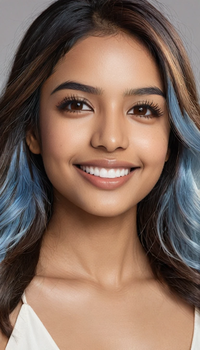 22 year old South Asian Latina woman with honey brown almond-shaped eyes, long dark lashes framing those eyes, and a warm inviting smile revealing perfect white teeth. Her honey colored eyes are the point of attraction on her face. Her wheatish skin has a dark brown undertone. Healthy neck-length straight light blue hair with voilet highlights cascading down the ends. High cheekbones and a defined jawline frame her face, accentuated by natural day lighting illuminating her face and shoulders. Her slim figure is curvaceous with a slight hourglass shape, emphasizing her natural beauty.