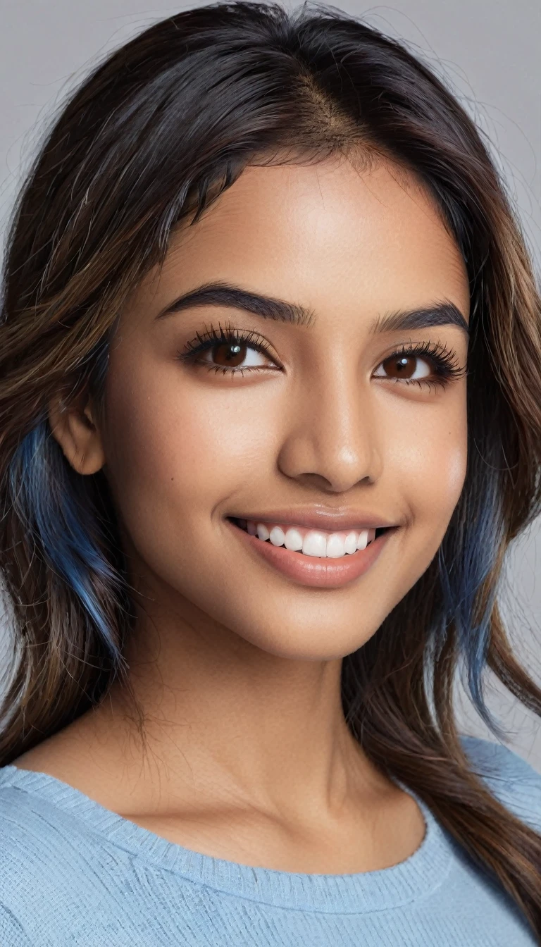 22 year old South Asian Latina woman with honey brown almond-shaped eyes, long dark lashes framing those eyes, and a warm inviting smile revealing perfect white teeth. Her honey colored eyes are the point of attraction on her face. Her wheatish skin has a dark brown undertone. Healthy neck-length straight light blue hair with voilet highlights cascading down the ends. High cheekbones and a defined jawline frame her face, accentuated by natural day lighting illuminating her face and shoulders. Her slim figure is curvaceous with a slight hourglass shape, emphasizing her natural beauty.