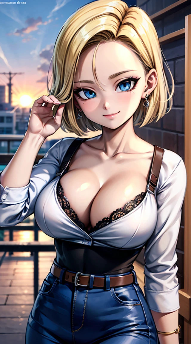 Fille sexy, large breast, roof of a hotel, sun set, seductive, chemise blanche, opened shirt, bionde, blue eye, detailed eyes, hourglass _forme du corps, Ultra detailed, 4K Ultra HD, smiling, flirty smile, blushes, jewels, soutien gorge,