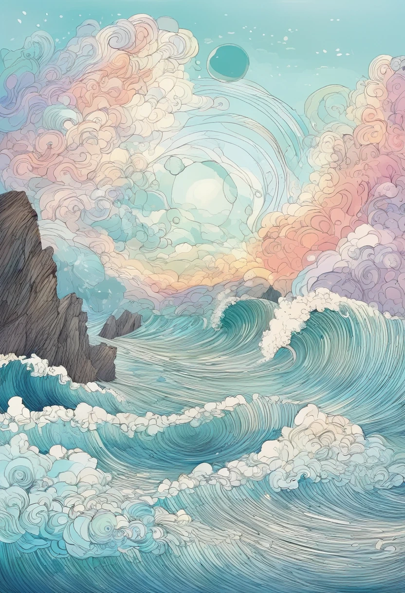 (Heaven descended to the human world:1.4), 切り立った崖とshortageれた海のアート、shortage々Shii Wave、wave droplets、High cliffs、rock、Bubble、Cloudy、Thundercloud、lightning、Pastel Art Style