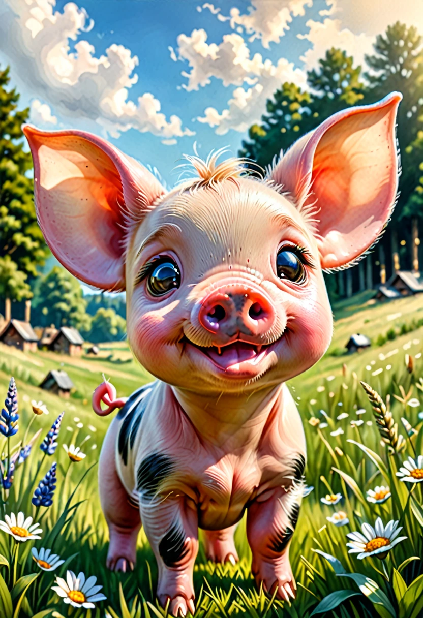 Masterpiece Illustration, high quality, high resolution 16k, a painting of a baby pig with a smile on it's face and big ears sitting on a Sunny meadow, Smooth skin, (fisheye camera), funny cartoonish trend in Art Station, playful smile, 🍁 cute, inspired by Ruben Tam, very cute facial features, , small in size, long pointed ears, artistic style, oil and watercolor painting