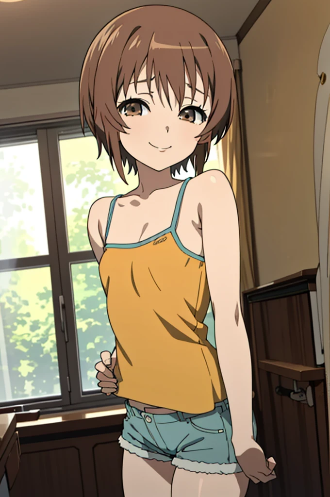 masterpiece, best quality, high quality, 1girl, solo, 10yo, looking at viewer, mochizuki_yuuya, brown hair, brown eyes, bangs,smile,camisole,shorts,,my room,small breasts,nsfw