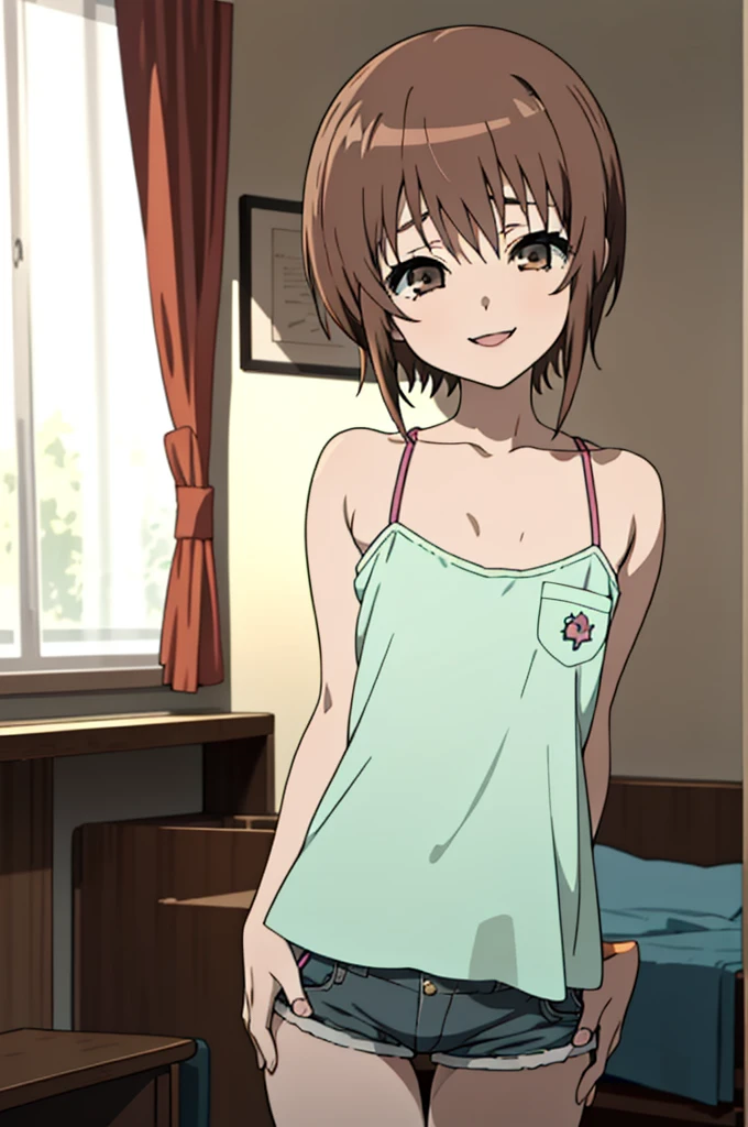 masterpiece, best quality, high quality, 1girl, solo, , looking at viewer, mochizuki_yuuya, brown hair, brown eyes, bangs,smile,camisole,shorts,,my room,small breasts,nsfw