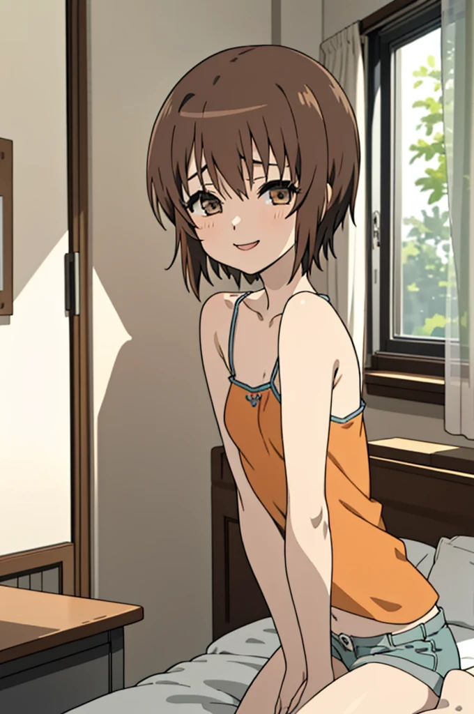 masterpiece, best quality, high quality, 1girl, solo, ****, looking at viewer, mochizuki_yuuya, brown hair, brown eyes, bangs,smile,camisole,shorts,,my room,small breasts,nsfw