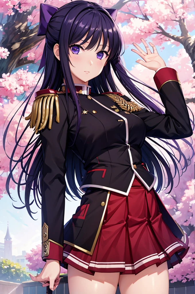 Akane Ryuuzouji、Black jacket uniform、Red pleated skirt、Epaulettes、A strap from the right shoulder to the chest、Purple head ribbon