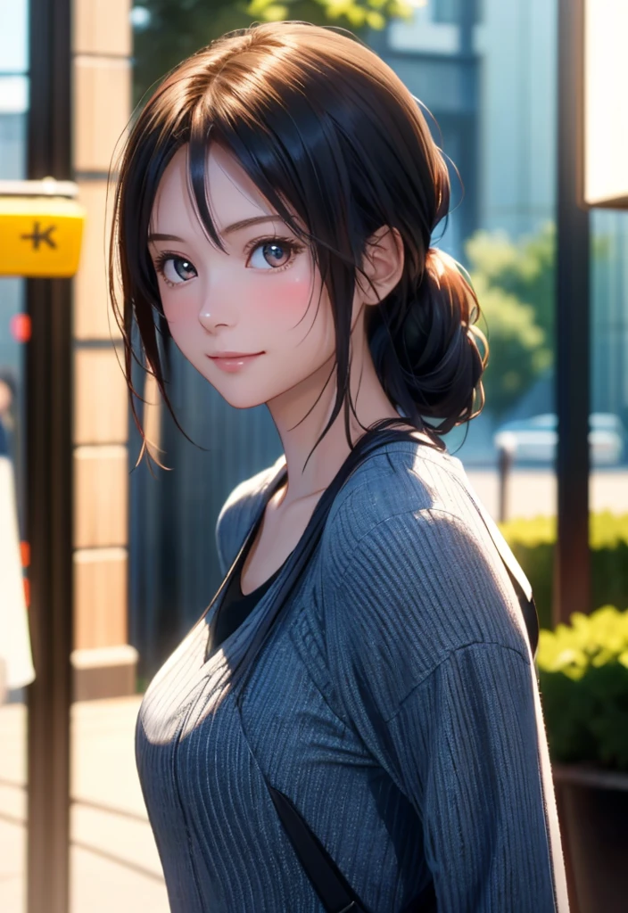 8K, of the highest quality, masutepiece:1.2), (Realistic, Photorealsitic:1.37), of the highest quality, masutepiece, Beautiful young woman, Pensive expression,、A charming、and an inviting look,summer clothes, Hair tied back, Cinematic background, Light skin tone, light smile,