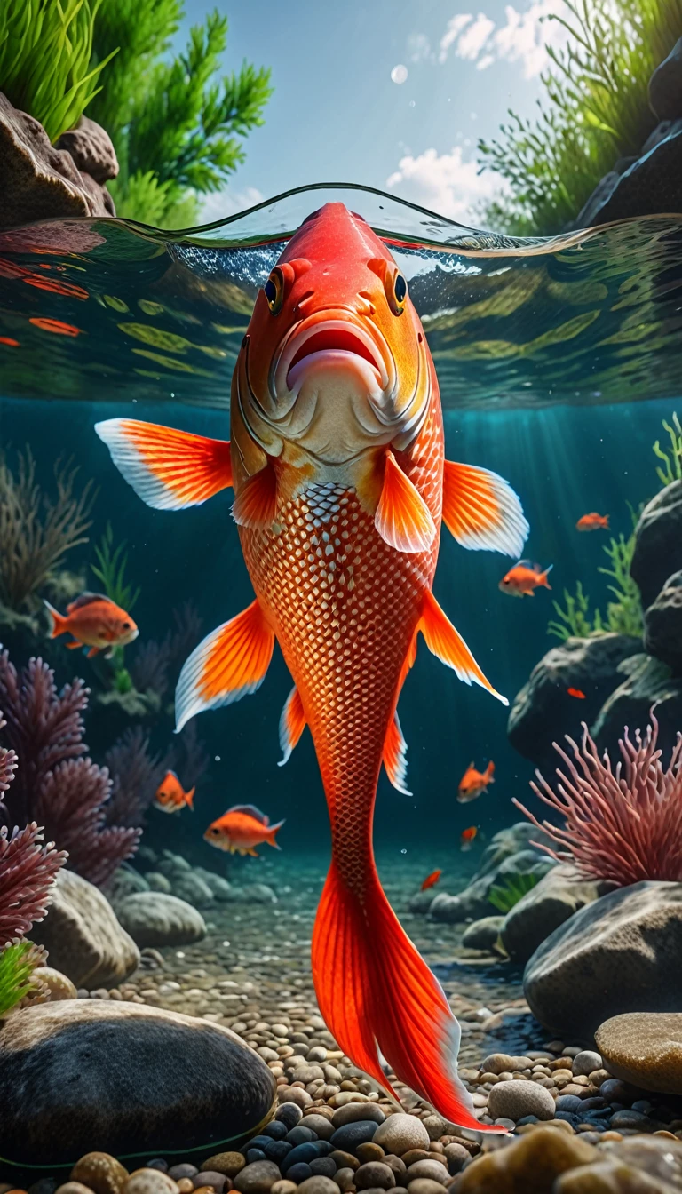 Front view，A red fish under the river, (best quality，4K，8K，High level，masterpiece：1.2），Ultra Detailed，（lifelike，Photo real，Photo real：1.37），Highly detailed animals，Complex patterns，Realistic lighting，Fantasy Creatures