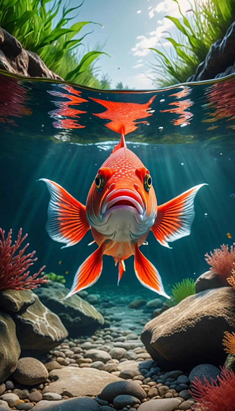Front view,A red fish under the river, (best quality,4K,8K,High level,masterpiece:1.2),Ultra Detailed,(lifelike,Photo real,Photo real:1.37),Highly detailed animals,Complex patterns,Realistic lighting,Fantasy Creatures