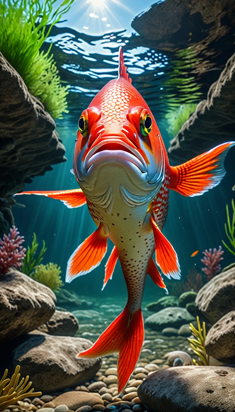 Front view,A red fish under the river, (best quality,4K,8K,High level,masterpiece:1.2),Ultra Detailed,(lifelike,Photo real,Photo real:1.37),Highly detailed animals,Complex patterns,Realistic lighting,Fantasy Creatures