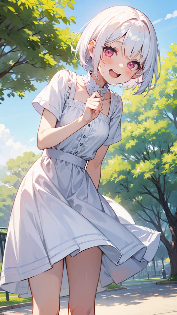 White Hair、Pink Eyes、Short Hair、Cute、One Girl、Only one girl、Daytime、Wearing a dress、at the park、Sweaty、laughing