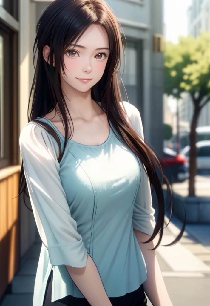 8K, of the highest quality, masutepiece:1.2), (Realistic, Photorealsitic:1.37), of the highest quality, masutepiece, Beautiful young woman, Pensive expression,、A charming、and an inviting look,summer clothes, Hair tied back, Cinematic background, Light skin tone, light smile,