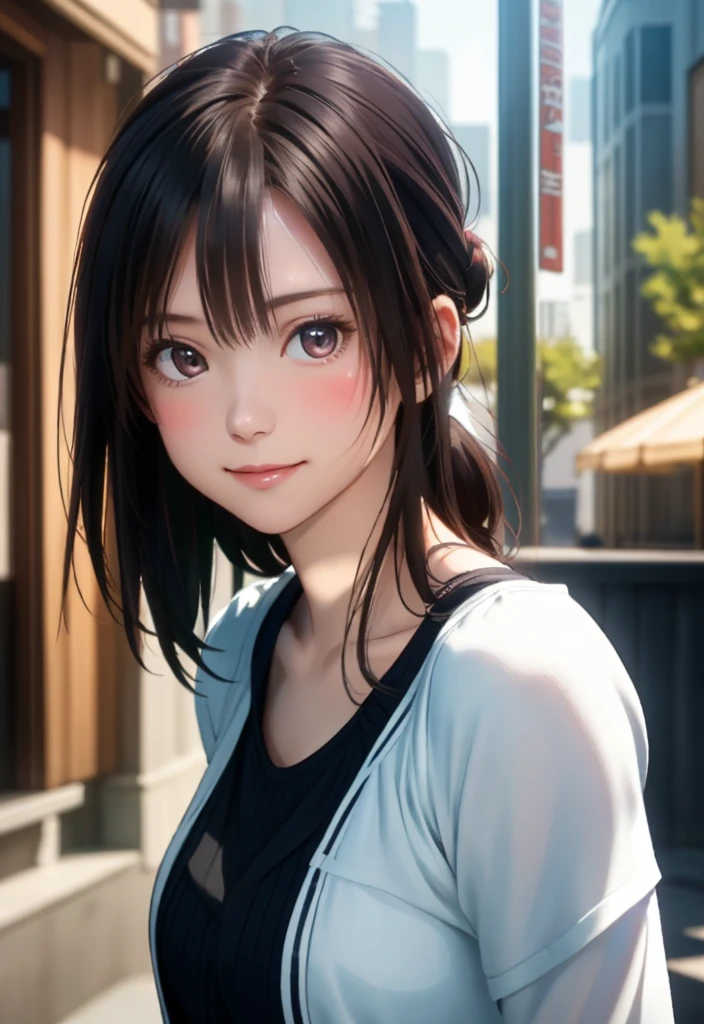 8K, of the highest quality, masutepiece:1.2), (Realistic, Photorealsitic:1.37), of the highest quality, masutepiece, Beautiful young woman, Pensive expression,、A charming、and an inviting look,summer clothes, Hair tied back, Cinematic background, Light skin tone, light smile,