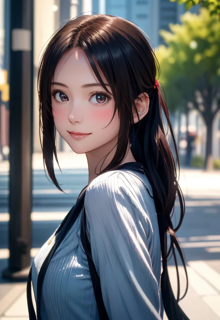 8K, of the highest quality, masutepiece:1.2), (Realistic, Photorealsitic:1.37), of the highest quality, masutepiece, Beautiful young woman, Pensive expression,、A charming、and an inviting look,summer clothes, Hair tied back, Cinematic background, Light skin tone, light smile, 