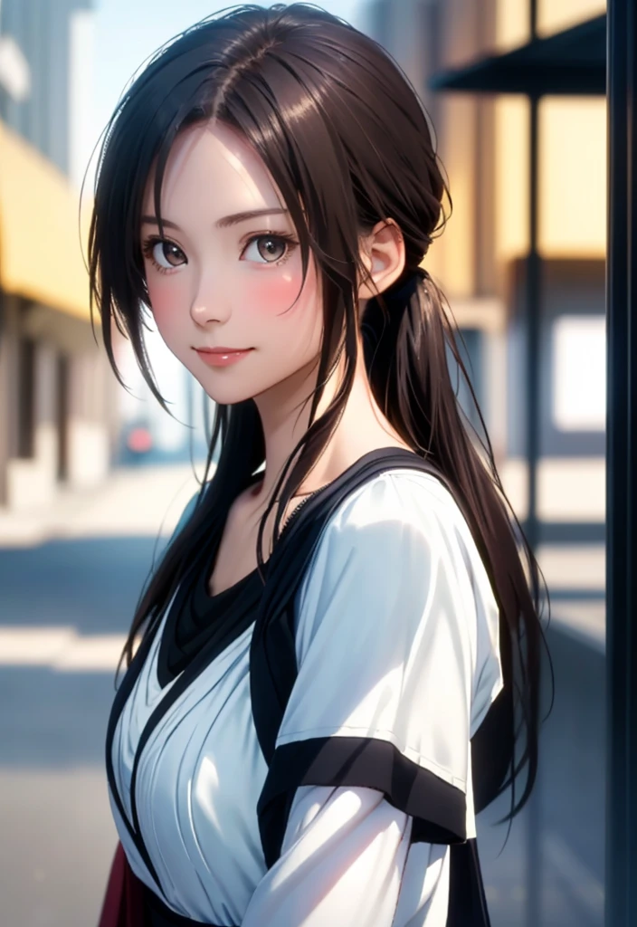 8K, of the highest quality, masutepiece:1.2), (Realistic, Photorealsitic:1.37), of the highest quality, masutepiece, Beautiful young woman, Pensive expression,、A charming、and an inviting look,summer clothes, Hair tied back, Cinematic background, Light skin tone, light smile, 
