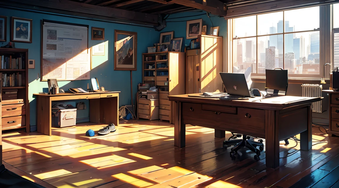 Beautiful girl working on a computer,best quality,4k,8k,highres,masterpiece:1.2),ultra-detailed,(realistic,photorealistic,photo-realistic:1.37),age man's bedroom,unmade bed,closed window in the morning,gaming chair,RGB monitor,RGB gaming cabinet,world map on the wall,desk with books and stationary,posters of favorite bands,stacked gaming controllers,headset on the desk,open pizza box,dirty clothes on the floor,soft natural lighting,cool blue color tone,A shoe and sock thrown on the floor, (photorealistic:1.37), (ultra-detailed), (dynamic illumination), (rich colors), (8k), (wallpaper), textured surface, worn-out appearance, wooden floor, contrasting shadows, slight reflection on the shoe, compelling composition, messy arrangement, sunlight streaming through the window, vibrant colors, exquisite details, intricate pattern on the sock, fine wrinkles on the shoe, high-resolution image