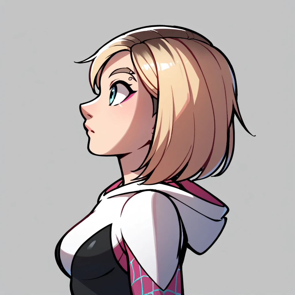 Spider-Gwen, medium breast, side profile, mask off, looking straight ahead