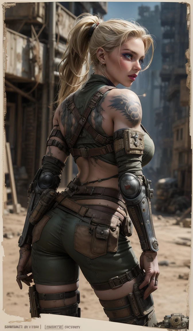 Powerful Concept Character Sheet, Charm, And a hot warrior woman, mad max style, Post-apocalyptic style, Dieselpunk style, dieselpunk setting, Dieselpunk Soldier Girl, Wearing technical clothing and armour, Cyberpunk Costumes, Steampunk Style, her face is oval, The forehead is smooth、The temples are noticeably rounded.. Jaw line is soft and defined, Gives a gentle and feminine impression, whole body, Full of details, Front view, Back view, Very detailed, depth, Many parts,((masterpiece, Highest quality)), 8K, Detailed face, scar (Twin ponytail hairstyle) (Blonde) (Green Eyes), Angry expression, Drawing infographics. Multiple sexy poses. Tattoo,3d