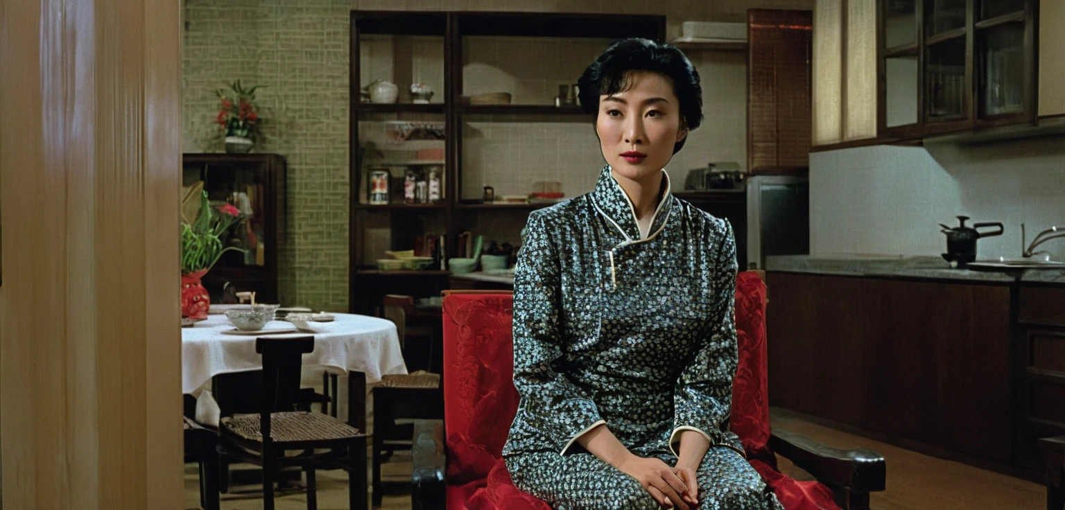 there is a woman in qipao sitting in a chair in a kitchen, looking at the camera, 1 9 8 6 movie screenshot, in the mood for love, still frame from a movie, movie screencap, screenshot from a movie, highlight scene of the movie, in style of kar wai wong, eerie david lynch cinematography, grainy 1985 cinematography, maggie cheung, art house film aesthetic