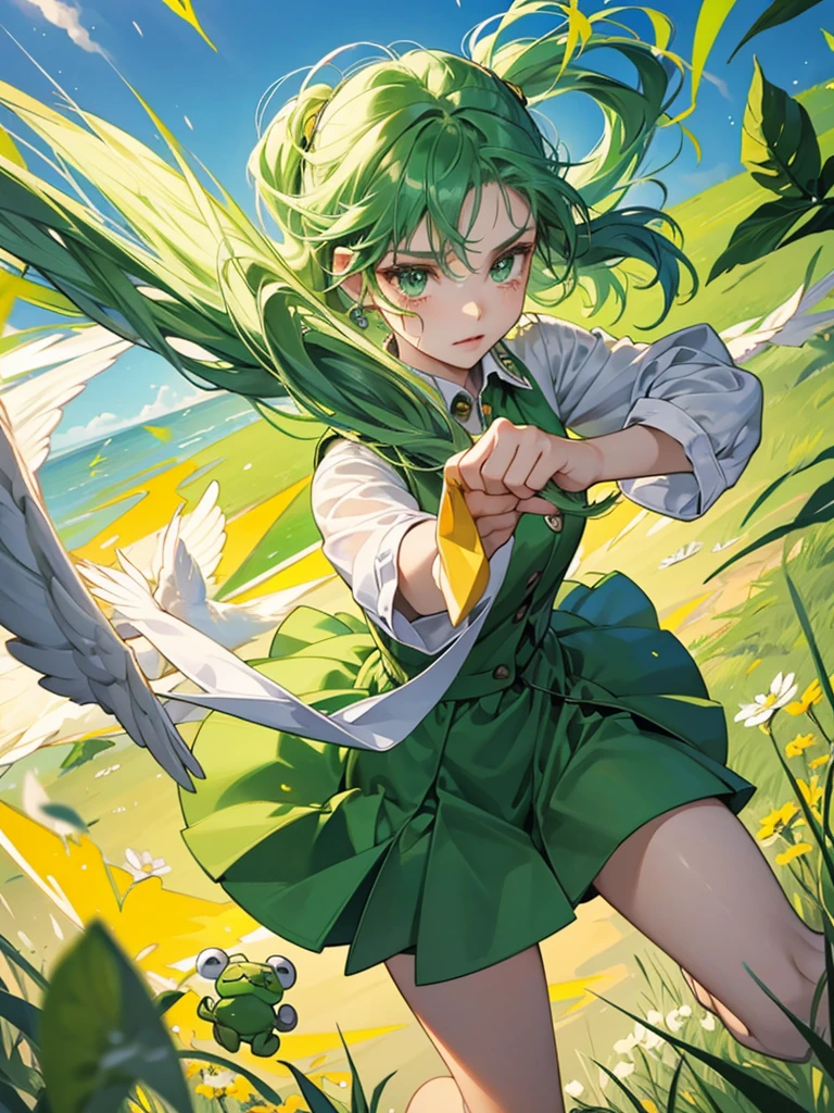 An angel girl with wings flying with green hair and the wind blowing. She is fighting with a big frog. The frog is crying. She is wearing a uniform with green and gold lines.