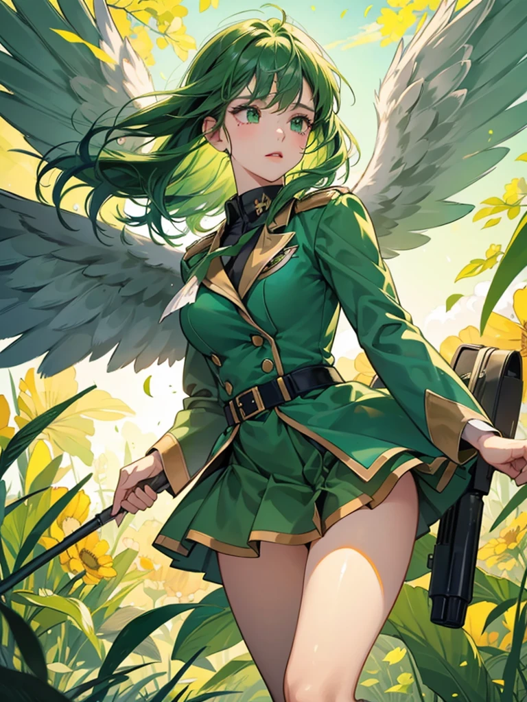 An angel girl with wings flying with green hair and the wind blowing. She is fighting with a big frog. The frog is crying. She is wearing a uniform with green and gold lines.