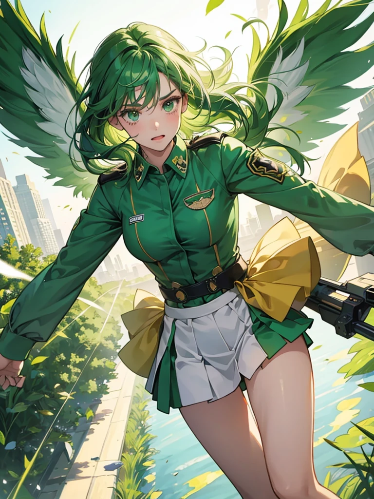 An angel girl with wings flying with green hair and the wind blowing. She is fighting with a big frog. The frog is crying. She is wearing a uniform with green and gold lines.