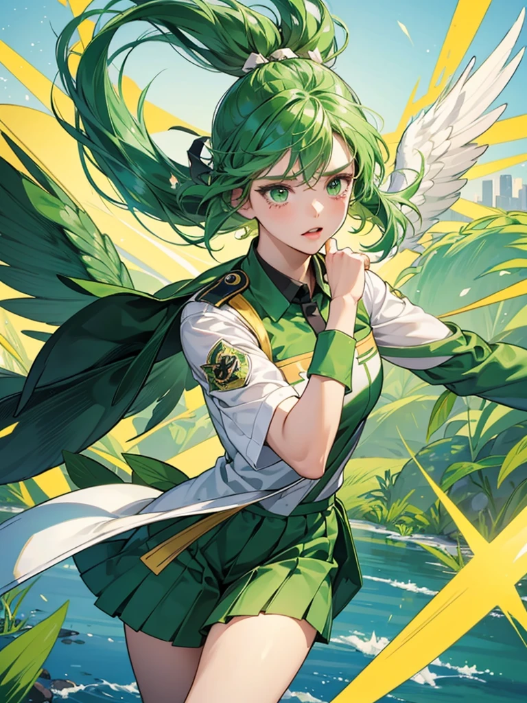 An angel girl with wings flying with green hair and the wind blowing. She is fighting with a big frog. The frog is crying. She is wearing a uniform with green and gold lines.
