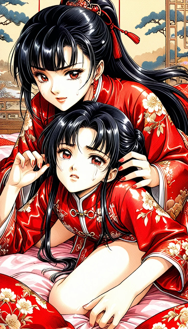 8k Tragic historical drama in live-action style: Beautiful palace secrets　Beautiful 10 year old Chinese Kung Fu princess with long black hair gets fingered hard　Gorgeous embroidery, Ultra glossy, She is wearing a shiny red top and bottom long sleeve floral pajama kung fu suit....　　She cries loudly and is laid down on a floral futon while the emperor plays with her nipples.