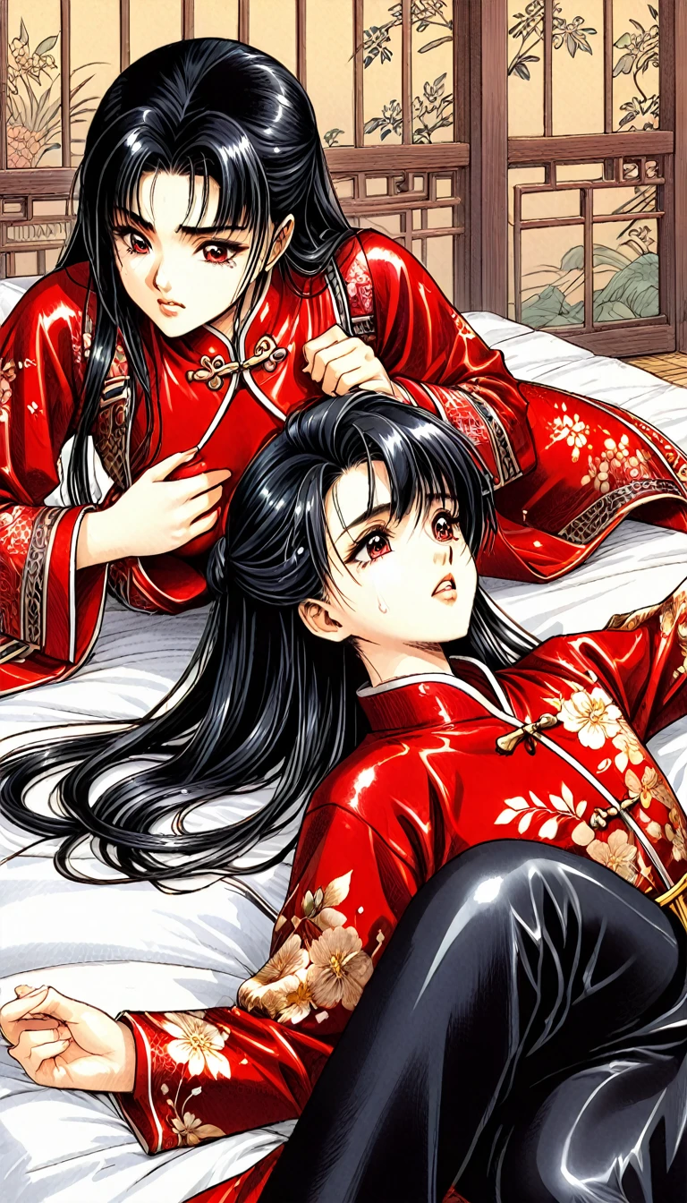 8k Tragic historical drama in live-action style: Beautiful palace secrets　Beautiful 10 year old Chinese Kung Fu princess with long black hair gets fingered hard　Gorgeous embroidery, Ultra glossy, She is wearing a shiny red top and bottom long sleeve floral pajama kung fu suit....　　She cries loudly and is laid down on a floral futon while the emperor plays with her nipples.