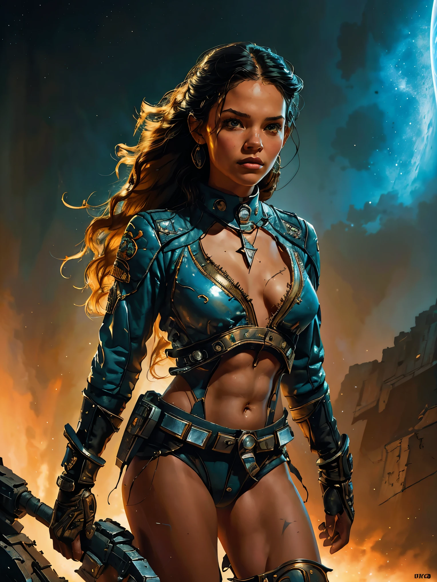 a young female space fighter pilot based on Jenna Ortega, sci-fi illustration, highly detailed cinematic fantasy portrait, black outlining, full color illustration, in the style of BORIS VALLEJO & JULIE BELL, masterpiece, 8k, ultra-detailed, physically-based rendering, vivid colors, dramatic lighting, intricate background, fantasy, photorealistic