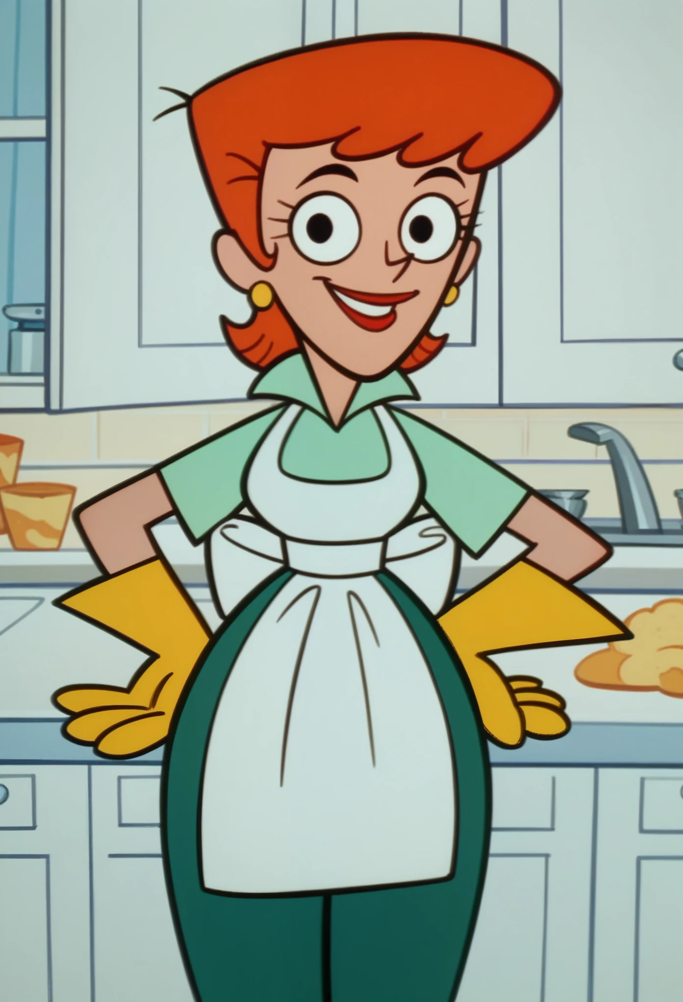dextersmom, solo, 1girl, aqua shirt, green pants, rubber gloves, orange hair, earrings, apron, short hair, smile, kitchen, lipstick, score_9, score_8_up, score_7_up, score_6_up, score_5_up, score_4_up, looking at viewer, hand on own hip, cowboy shot,