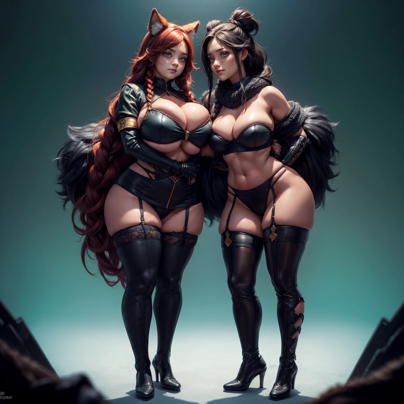 Rule of thirds, Antropo peludo vex Yordle, only, hairy body, covered with fur, cloth для приключений в стиле фэнтези, short stack, (Best quality, extremely complex parts, Beautiful eyes, detailed face, e621), dark green hair, Nice style, (standing, sexy pose:1.2), seductive, fake smile, looking pleasured, blush, Hands on hips, League of Legends Open Background, side chest, cloth, fully dressed, Octane rendering, romantic lighting, (detailed fluffy fur), (lustful look), (((whole body))) , (((sexy pose, pose models, standing pose)))(Double Dutch braid:1.2)((huge thighs:1.3)),(Tight stockings:1.6)(giant saggy breasts:1.2),(3 hugging girls:1.5)
