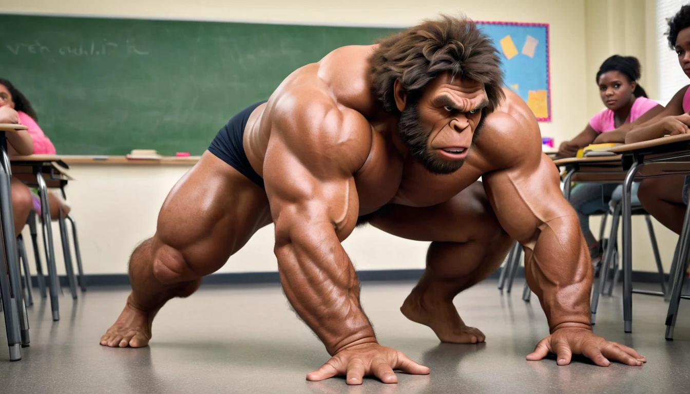 (RAW photo of a Neanderthals:1) , (hyper realistic:1.4), (Neanderthal man:1.4),(big bulge:1.5), tall, bulky,hulk body, chubby belly, (very muscular:2), (hairy body:1.5),(detail face:1.1), tan skin, thick arms, (veiny arms:1.1), (bloated gut:1.5),(wearing underwear:1.1),(black thong:1.1), thick legs, rounded pecs, (big arms:1.1), veiny arms, dark brown skin, (in a classroom:1.1) ,(hunching down:1.1), on all fours, hdr, photorealistic masterpiece, cinematic, best quality, sharp focus,
