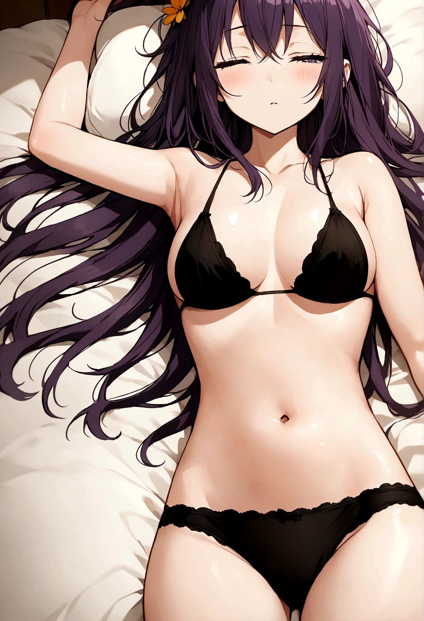 Anime girl with very long dark purple hair and a flower hair accessory waking up in the morning as she looks sleepy and her eyes were half closed wearing a black bra and a black underpants while she's laying in the bed 