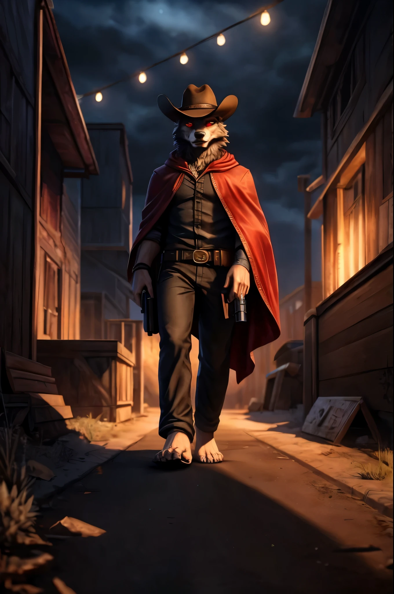 (((Barefoot furry character, full body, cinematic setting, furry male, plantigrade))) 

portrait, ((mysterious stranger black long fur wolf gunslinger)), ((holding smoking gun)), ((holding revolver)), abandoned town, alone ,strange, surreal, desolate, ghostly, eerie, lonely, solitude, short red cloak,red glowing eyes, fantastical, dangerous,night sky,red sky,  cinematic lighting, volumetric lighting, Film grain, cinematic film still, shallow depth of field, highly detailed, (western atmosphere), black cowboy hat

BREAK, intricate details, highly detailed, extreme detail, octane render, fine art, best quality, highres, (detailed face:1.5), ((full_body)), UHD, (((perfect hands))), low light