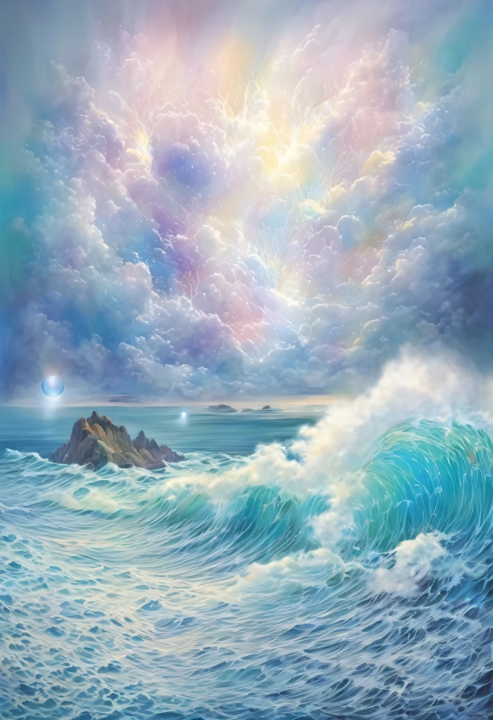 (Heaven descended to the human world:1.4), 切り立った崖とshortageれた海のアート、shortage々Shii Wave、wave droplets、High cliffs、rock、Bubble、Cloudy、Thundercloud、lightning、Pastel Art Style