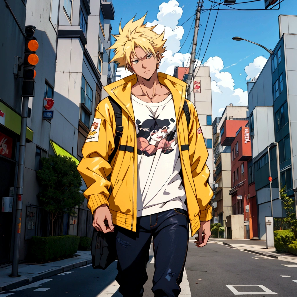 A cartoon character wearing a yellow jacket walking down a city street, Realistic Anime 3D Style, Anime Styled 3d, Anime Style. 8K, Standing in the city centre, modern Anime Style, Standing on the street, Anime Style hyper detailed, in Anime Style, Anime Style character, in an Anime Style, Realistic clothing, 3D Anime Real, semirealistic Anime Style