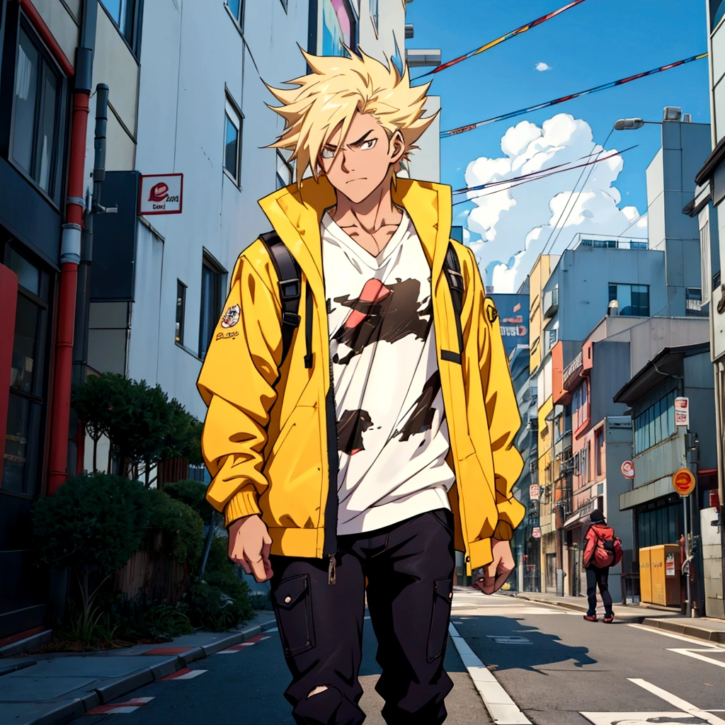 A cartoon character wearing a yellow jacket walking down a city street, Realistic Anime 3D Style, Anime Styled 3d, Anime Style. 8K, Standing in the city centre, modern Anime Style, Standing on the street, Anime Style hyper detailed, in Anime Style, Anime Style character, in an Anime Style, Realistic clothing, 3D Anime Real, semirealistic Anime Style