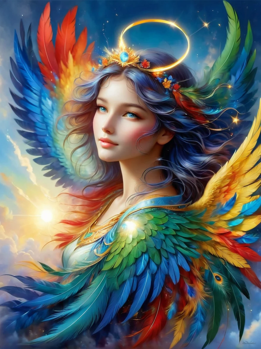 A brightly-colored, beautiful angel soaring through a radiant blue sky, Shimmering feathers of various hues adorn this magnificently created being, as they radiate vibrant shades of green, red, blue, and golden yellow, The angel's attire exhibits a brilliant display of colors, and a comfortably placed halo crowns their head, A mysterious wind gently rustles their multi-colored wings, leading to a mesmerizing spectacle, The name 'Gladis' is gracefully inscribed in an elegant, glowing script at the bottom