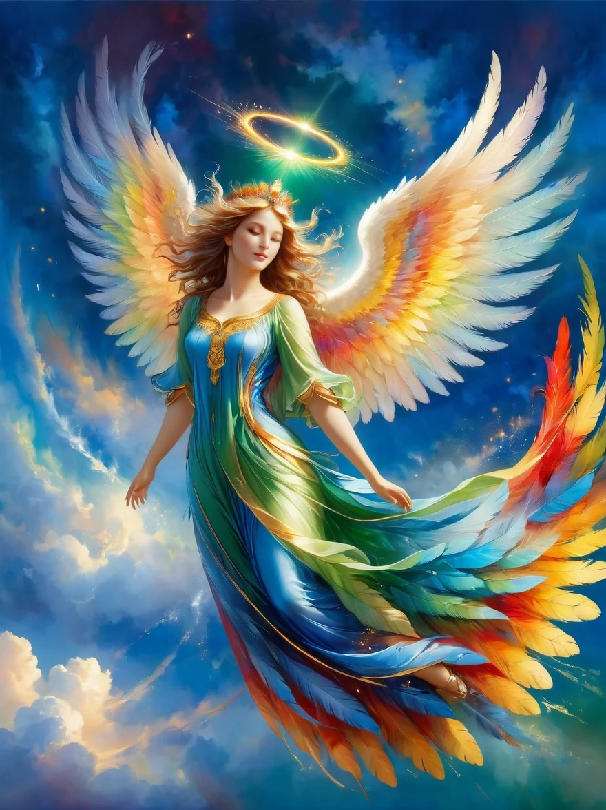 A brightly-colored, beautiful angel soaring through a radiant blue sky, Shimmering feathers of various hues adorn this magnificently created being, as they radiate vibrant shades of green, red, blue, and golden yellow, The angel's attire exhibits a brilliant display of colors, and a comfortably placed halo crowns their head, A mysterious wind gently rustles their multi-colored wings, leading to a mesmerizing spectacle, The name 'Gladis' is gracefully inscribed in an elegant, glowing script at the bottom