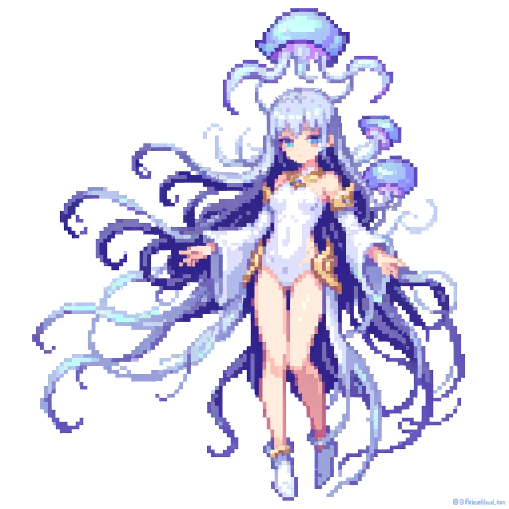 masterpiece , best quality , pixel art , 1 girl , fantasy clothes , full body , white background , Jellyfish