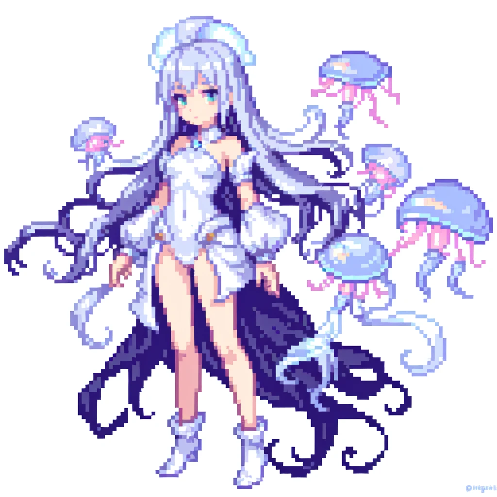 masterpiece , best quality , pixel art , 1 girl , fantasy clothes , full body , white background , Jellyfish