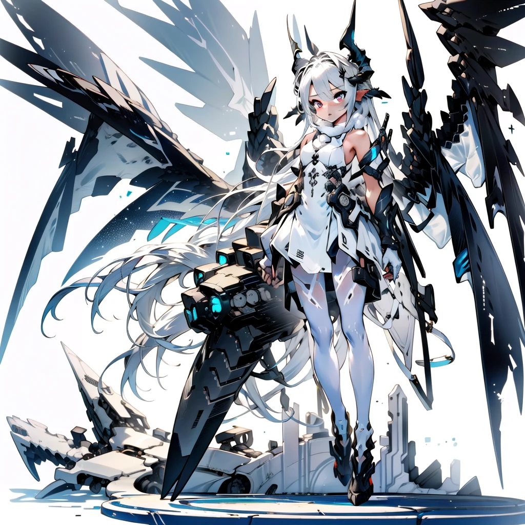 masterpiece, highest quality, highest resolution, clear_image, detailed details, White hair, long hair, cat ears, 1 girl, red eyes, white pantyhose, sci-fi dress, white scarf (white scarf around the neck with a light blue glow), gray futuristic halo (gray halo over the head), white wings (4 wings), cute, full body, no water marks, snow