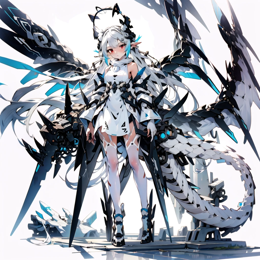 masterpiece, highest quality, highest resolution, clear_image, detailed details, White hair, long hair, cat ears, 1 girl, red eyes, white pantyhose, sci-fi dress, white scarf (white scarf around the neck with a light blue glow), gray futuristic halo (gray halo over the head), white wings (4 wings), cute, full body, no water marks, snow