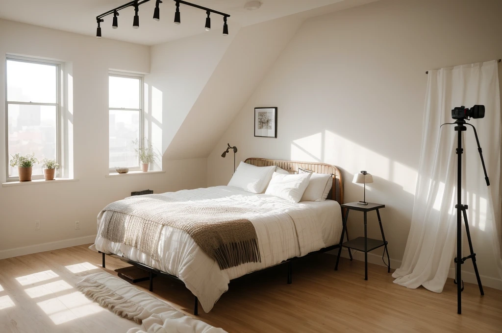 there is a bed with a white comforter and a tripod on the wall, bedroom interior, fotografia, bedroom background, photorealistic room, picture of a loft in morning, cinematic realistic photo, natural light in room, realistic studio photo, inside of a bedroom, art photography style, bedroom, photo realistic image, pov photo, photorealistic picture, photo of a beautiful