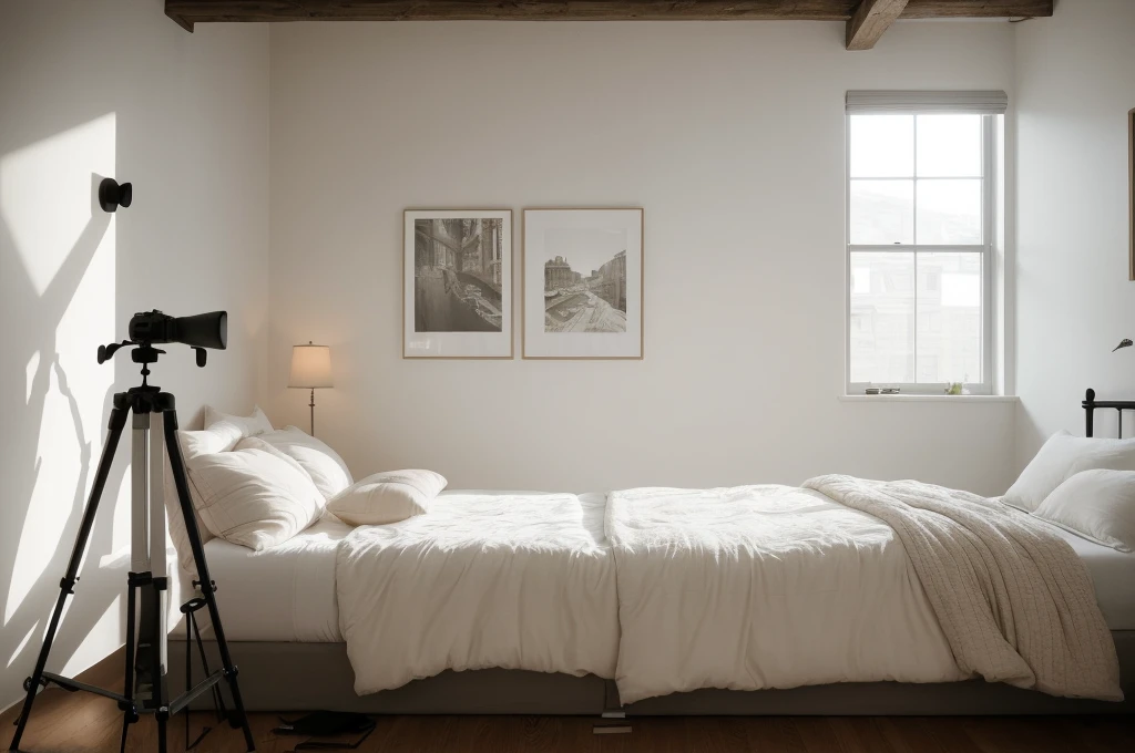 there is a bed with a white comforter and a tripod on the wall, bedroom interior, fotografia, bedroom background, photorealistic room, picture of a loft in morning, cinematic realistic photo, natural light in room, realistic studio photo, inside of a bedroom, art photography style, bedroom, photo realistic image, pov photo, photorealistic picture, photo of a beautiful