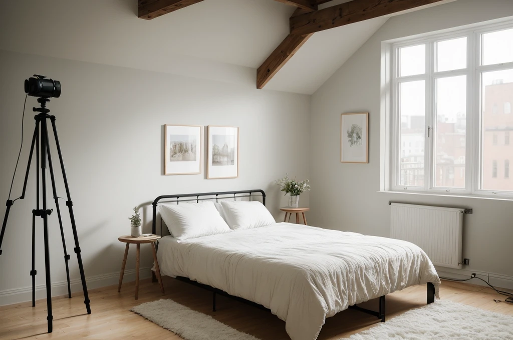 there is a bed with a white comforter and a tripod on the wall, bedroom interior, fotografia, bedroom background, photorealistic room, picture of a loft in morning, cinematic realistic photo, natural light in room, realistic studio photo, inside of a bedroom, art photography style, bedroom, photo realistic image, pov photo, photorealistic picture, photo of a beautiful