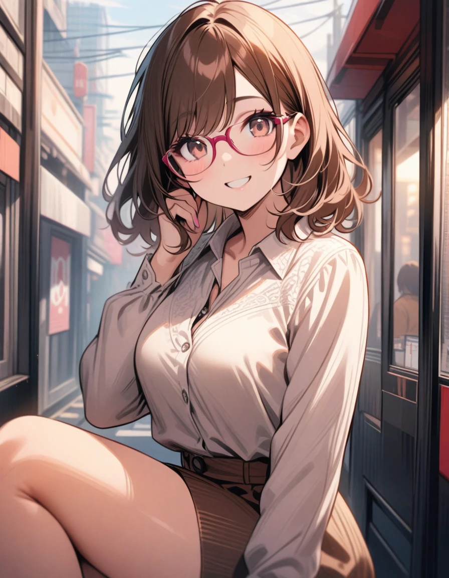 so beautiful, Beautiful Eyes, Highest quality, Very detailed, Intricate details, One Girl ,Short brown hair, Brown eyes, Thick thighs, , good looking, Medium Hair, Brown Hair, Pink highlights on the tip, Pale pink eyes,Wear glasses、Tokyo、Happy smile