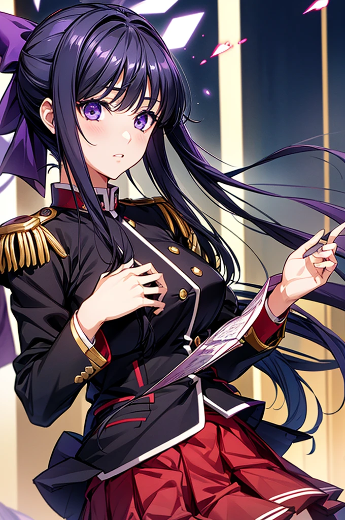 Akane Ryuuzouji、Black jacket uniform、Red pleated skirt、Epaulettes、Right shoulder to chest ornament、Purple head ribbon